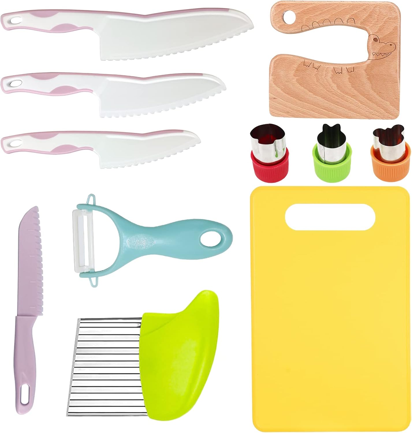 11 Pieces Wooden Kids Kitchen Knife, Blue Kids Knife Set Include Wood Kids Knife, Serrated Edges Plastic Toddler Knife, Crinkle Cutter, Sandwich Cutter, Y Peeler, Cutting Board