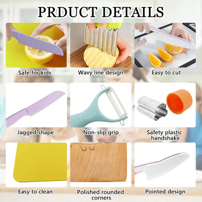 11 Pieces Wooden Kids Kitchen Knife, Blue Kids Knife Set Include Wood Kids Knife, Serrated Edges Plastic Toddler Knife, Crinkle Cutter, Sandwich Cutter, Y Peeler, Cutting Board