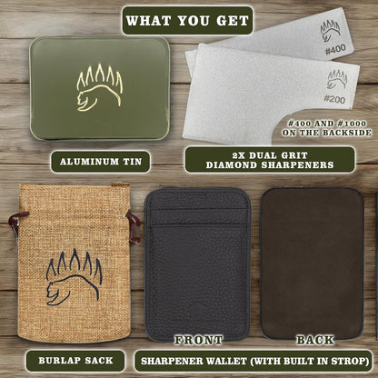2X Dual Grit Diamond Sharpening Stone + Leather Wallet Strop | | Pocket Credit-Card Sized Field Sharpener for Camping, Bushcraft, Outdoors, Survival, EDC - Dark Brown