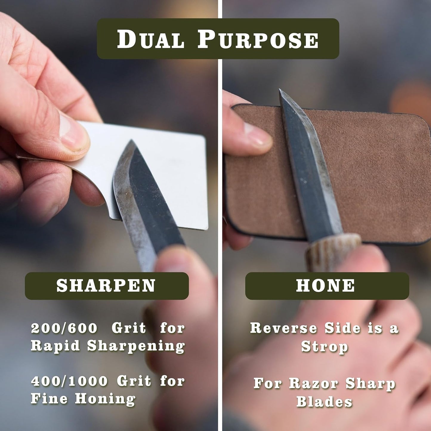 2X Dual Grit Diamond Sharpening Stone + Leather Wallet Strop | | Pocket Credit-Card Sized Field Sharpener for Camping, Bushcraft, Outdoors, Survival, EDC - Dark Brown