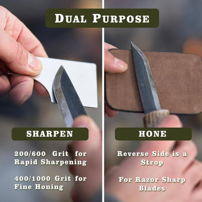 2X Dual Grit Diamond Sharpening Stone + Leather Wallet Strop | | Pocket Credit-Card Sized Field Sharpener for Camping, Bushcraft, Outdoors, Survival, EDC - Dark Brown
