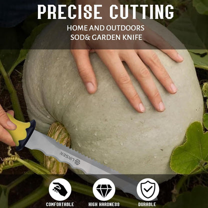 Stainless Steel Garden Knife with 11" Blade with New Handle, Double Side Utility Sod Cutter Lawn Repair Garden Knife with Nylon Sheath (YELLOW)