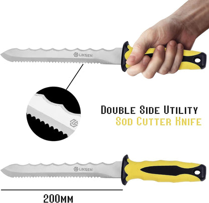 Stainless Steel Garden Knife with 11" Blade with New Handle, Double Side Utility Sod Cutter Lawn Repair Garden Knife with Nylon Sheath (YELLOW)