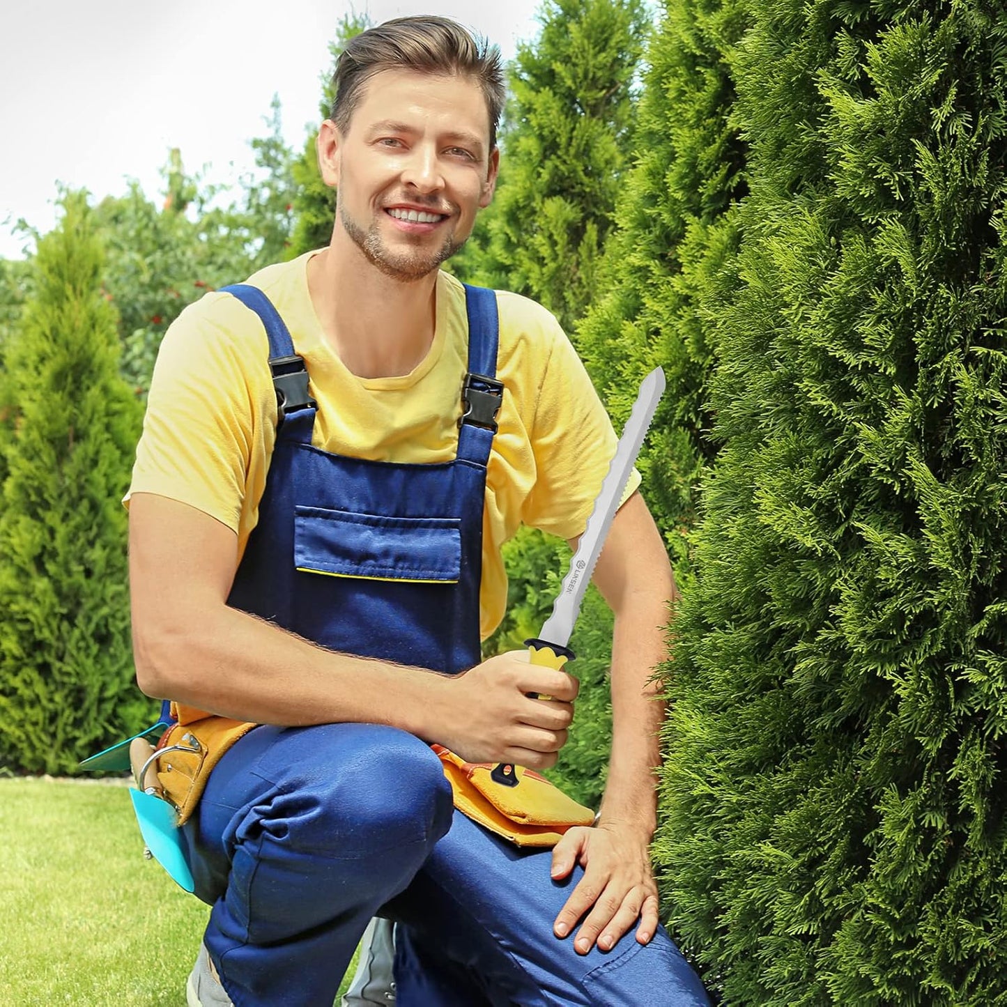 Stainless Steel Garden Knife with 11" Blade with New Handle, Double Side Utility Sod Cutter Lawn Repair Garden Knife with Nylon Sheath (YELLOW)