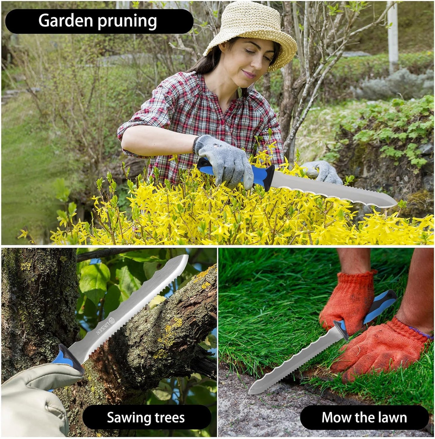 Stainless Steel Garden Knife with 11" Blade with New Handle, Double Side Utility Sod Cutter Lawn Repair Garden Knife with Nylon Sheath (YELLOW)