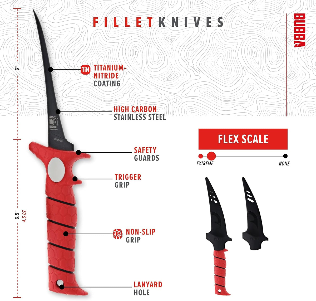 6 Inch Ultra Flex Tapered Fillet Knife with Non-Slip Grip Handle, 8Cr13MoV Stainless Steel Blade, Lanyard Hole and Synthetic Sheath for Fishing