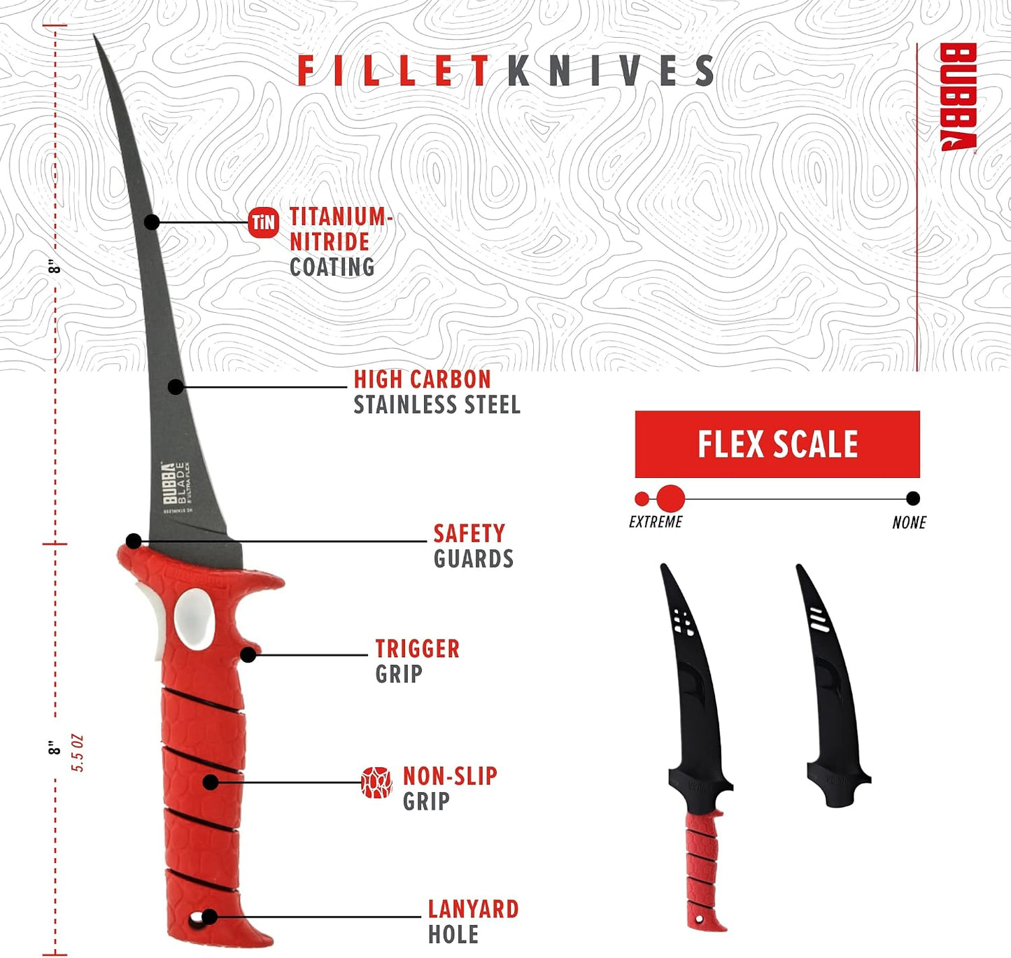 6 Inch Ultra Flex Tapered Fillet Knife with Non-Slip Grip Handle, 8Cr13MoV Stainless Steel Blade, Lanyard Hole and Synthetic Sheath for Fishing
