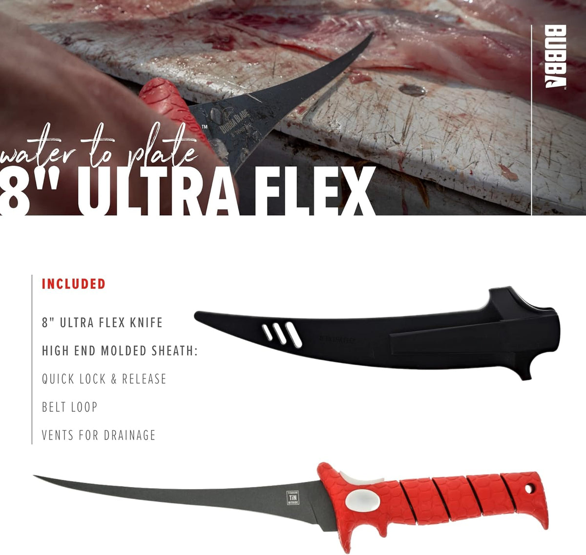 6 Inch Ultra Flex Tapered Fillet Knife with Non-Slip Grip Handle, 8Cr13MoV Stainless Steel Blade, Lanyard Hole and Synthetic Sheath for Fishing
