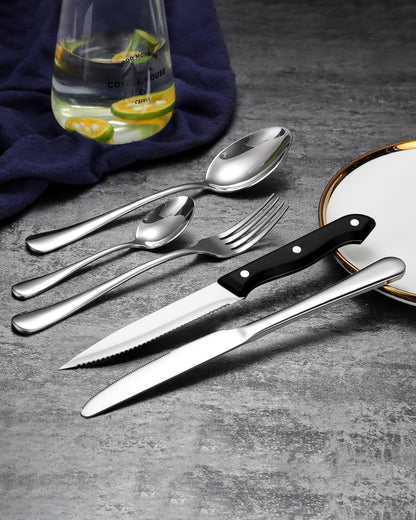 EUIRIO 48-Piece Silverware Set With Steak Knives, Heavy Duty Stainless Steel Flatware for 8, Food-Grade Tableware Cutlery, Utensils for Home Restaurant, Mirror Finish, Dishwasher Safe