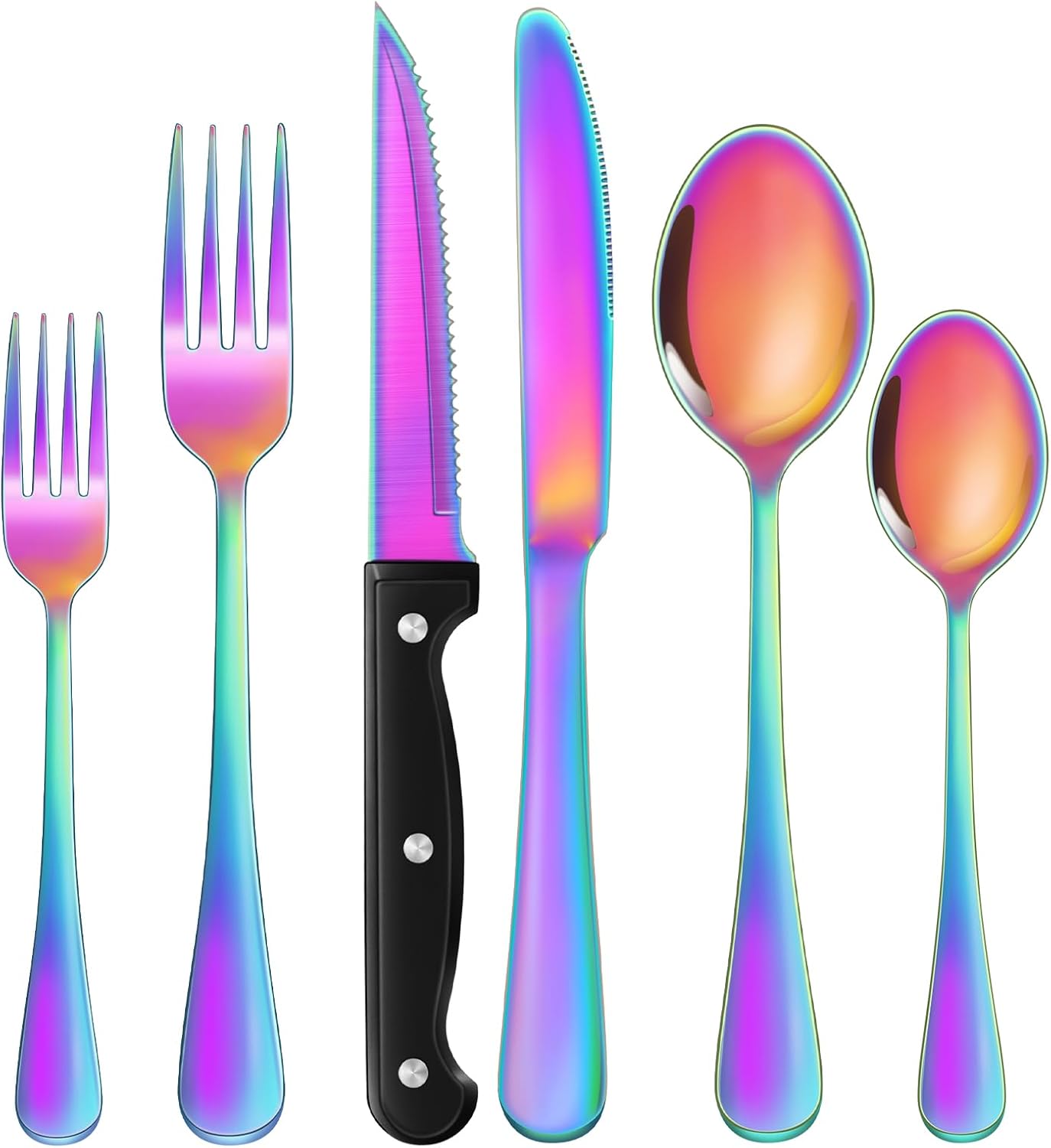 24-Piece Black Silverware Set with Steak Knives Black Stainless Steel Flatware Set for 4 Food Grade Tableware Cutlery Set Rust-proof, Mirror Polished, Dishwasher Safe