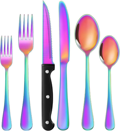 24-Piece Black Silverware Set with Steak Knives Black Stainless Steel Flatware Set for 4 Food Grade Tableware Cutlery Set Rust-proof, Mirror Polished, Dishwasher Safe