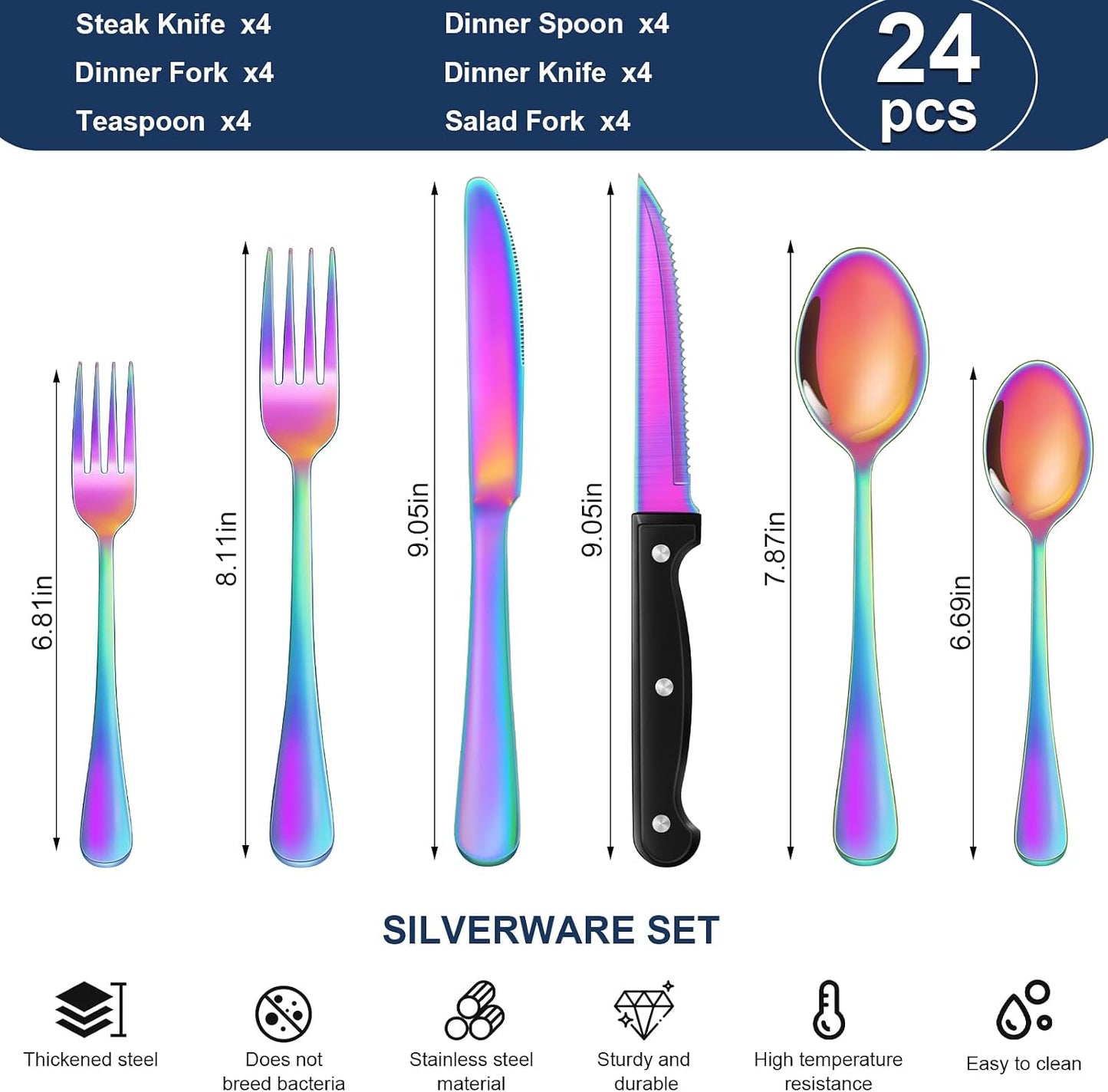 24-Piece Black Silverware Set with Steak Knives Black Stainless Steel Flatware Set for 4 Food Grade Tableware Cutlery Set Rust-proof, Mirror Polished, Dishwasher Safe