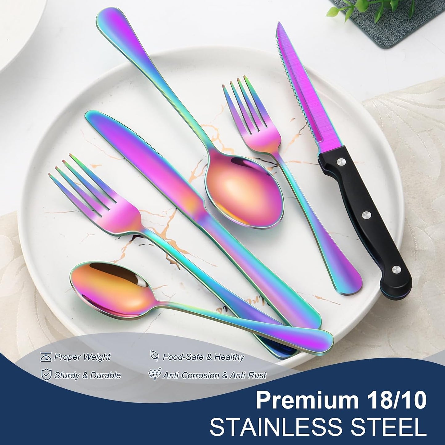 24-Piece Black Silverware Set with Steak Knives Black Stainless Steel Flatware Set for 4 Food Grade Tableware Cutlery Set Rust-proof, Mirror Polished, Dishwasher Safe