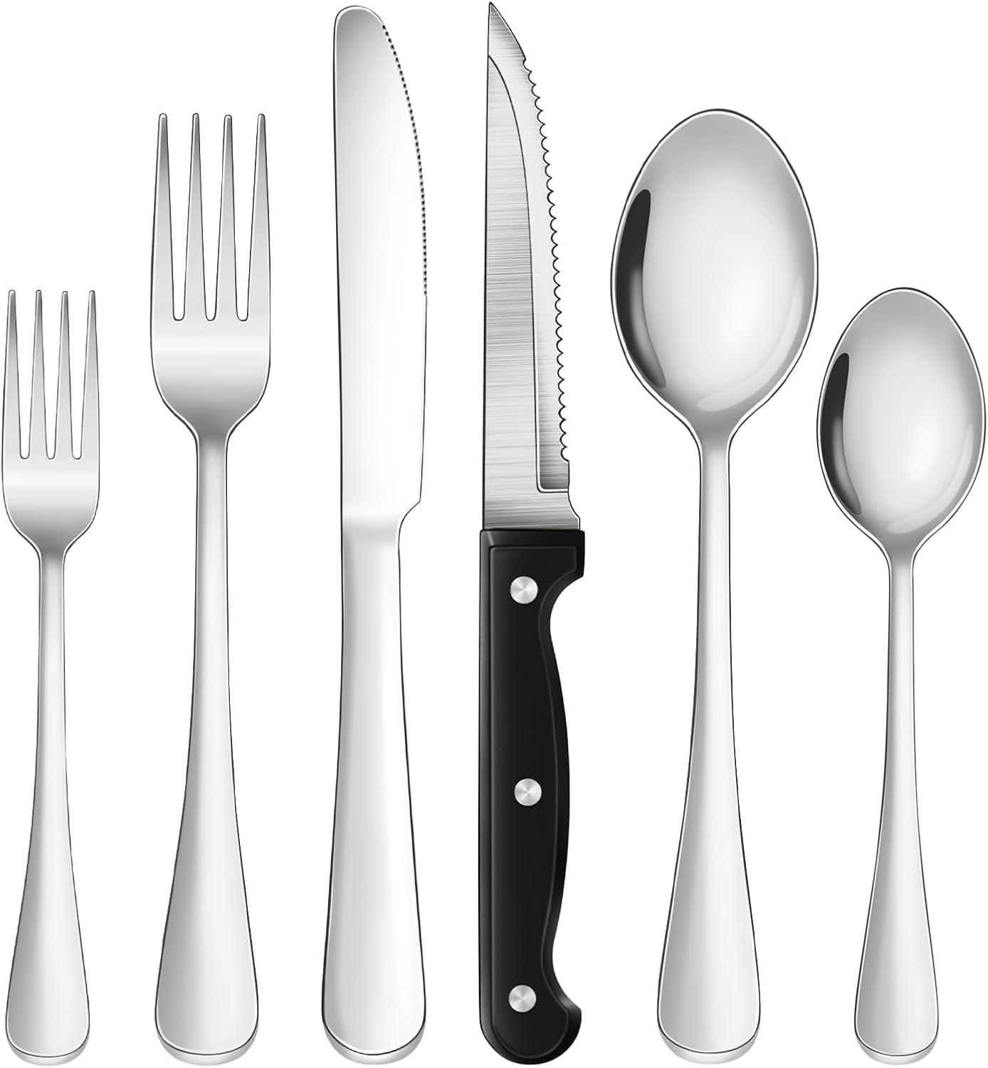 24-Piece Black Silverware Set with Steak Knives Black Stainless Steel Flatware Set for 4 Food Grade Tableware Cutlery Set Rust-proof, Mirror Polished, Dishwasher Safe