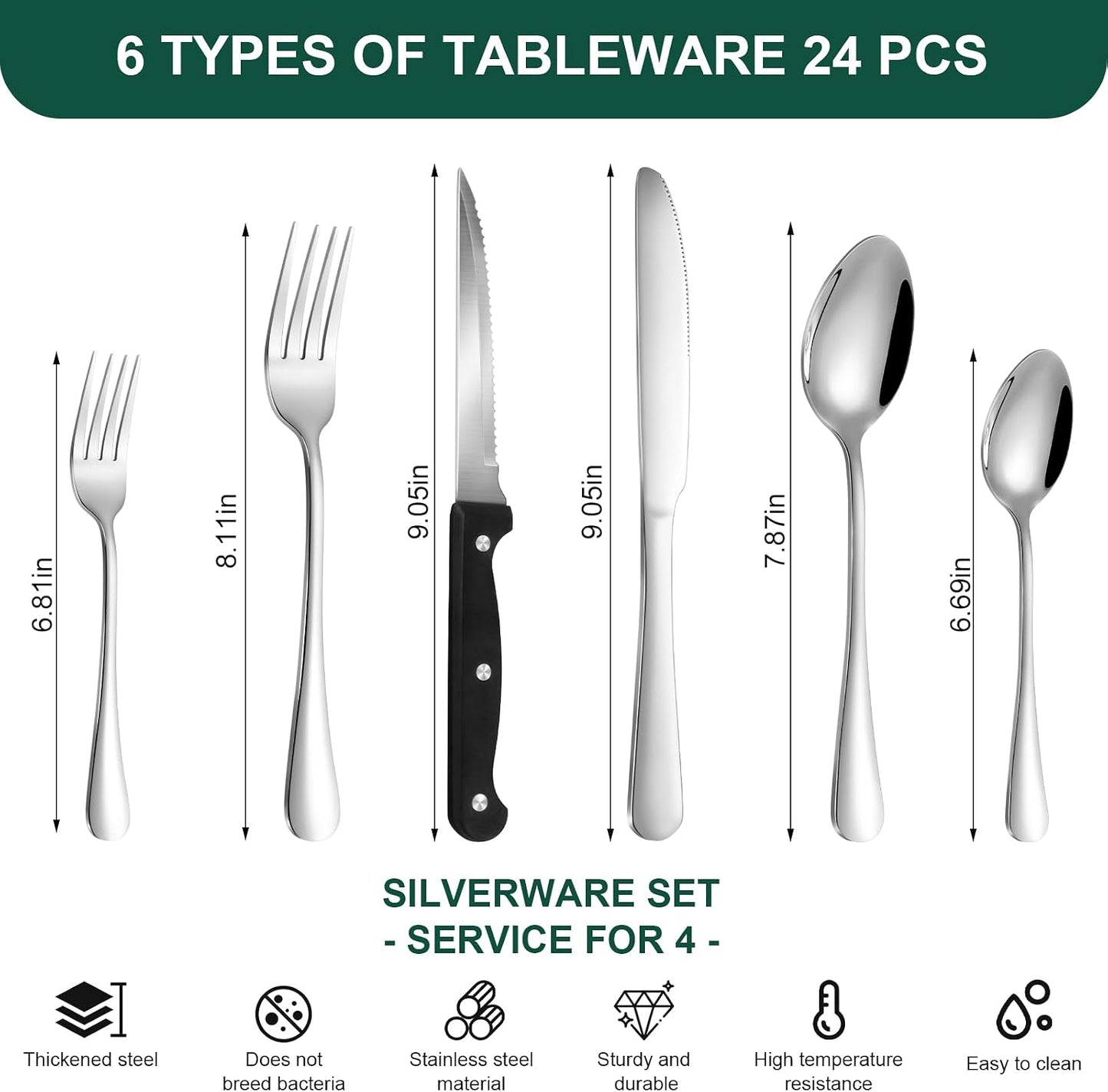 24-Piece Black Silverware Set with Steak Knives Black Stainless Steel Flatware Set for 4 Food Grade Tableware Cutlery Set Rust-proof, Mirror Polished, Dishwasher Safe