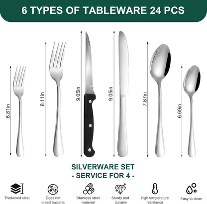 24-Piece Black Silverware Set with Steak Knives Black Stainless Steel Flatware Set for 4 Food Grade Tableware Cutlery Set Rust-proof, Mirror Polished, Dishwasher Safe