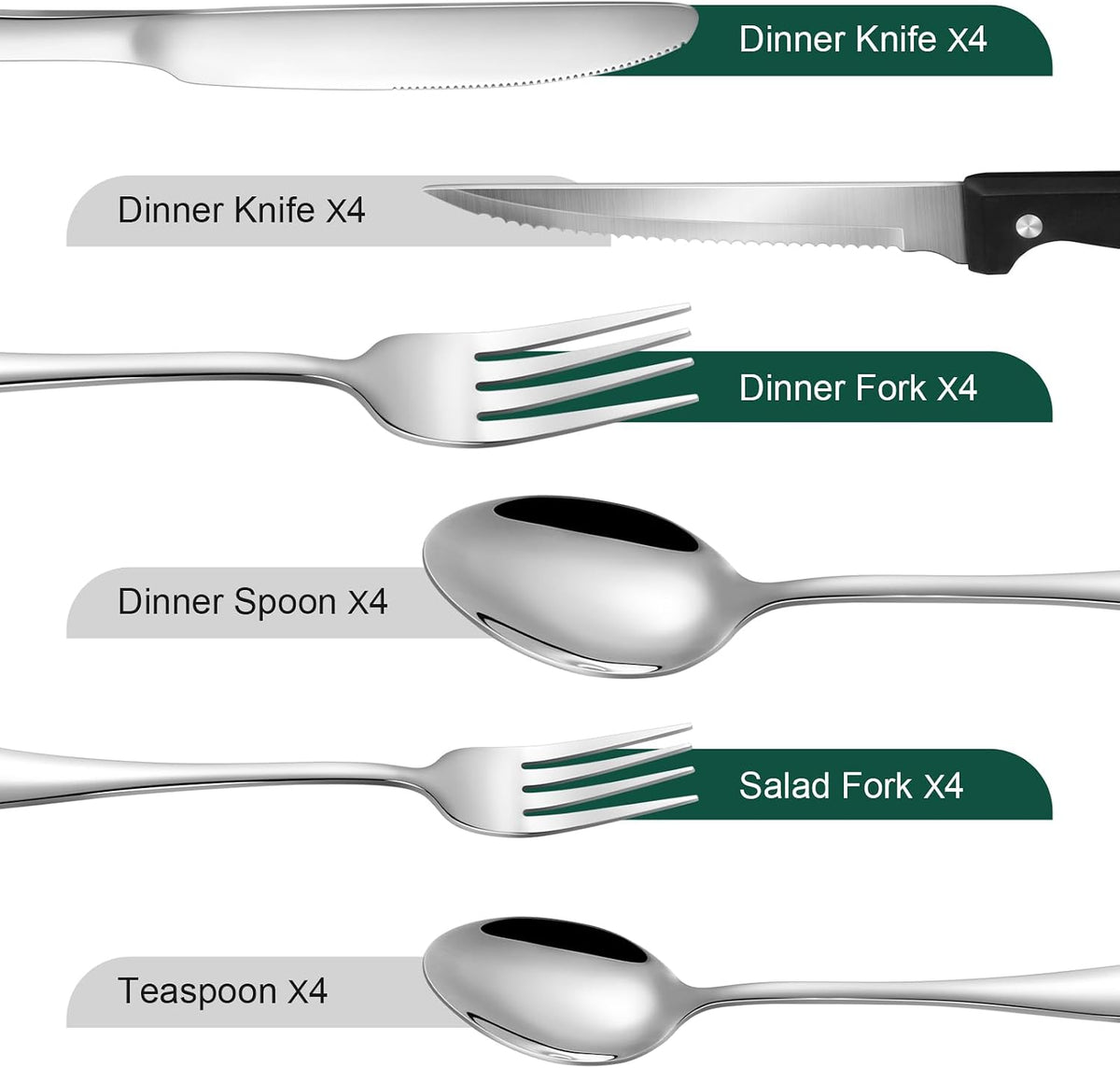24-Piece Black Silverware Set with Steak Knives Black Stainless Steel Flatware Set for 4 Food Grade Tableware Cutlery Set Rust-proof, Mirror Polished, Dishwasher Safe