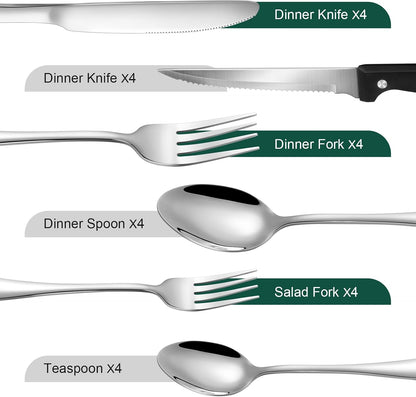 24-Piece Black Silverware Set with Steak Knives Black Stainless Steel Flatware Set for 4 Food Grade Tableware Cutlery Set Rust-proof, Mirror Polished, Dishwasher Safe