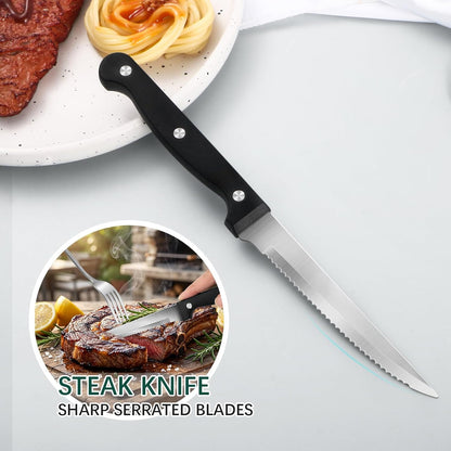 24-Piece Black Silverware Set with Steak Knives Black Stainless Steel Flatware Set for 4 Food Grade Tableware Cutlery Set Rust-proof, Mirror Polished, Dishwasher Safe