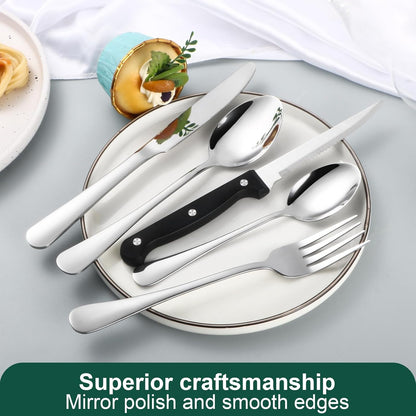 24-Piece Black Silverware Set with Steak Knives Black Stainless Steel Flatware Set for 4 Food Grade Tableware Cutlery Set Rust-proof, Mirror Polished, Dishwasher Safe