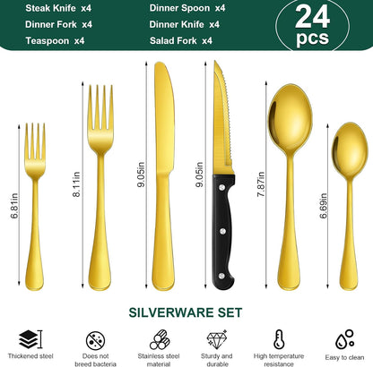 24-Piece Black Silverware Set with Steak Knives Black Stainless Steel Flatware Set for 4 Food Grade Tableware Cutlery Set Rust-proof, Mirror Polished, Dishwasher Safe
