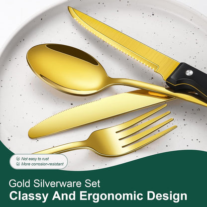 24-Piece Black Silverware Set with Steak Knives Black Stainless Steel Flatware Set for 4 Food Grade Tableware Cutlery Set Rust-proof, Mirror Polished, Dishwasher Safe