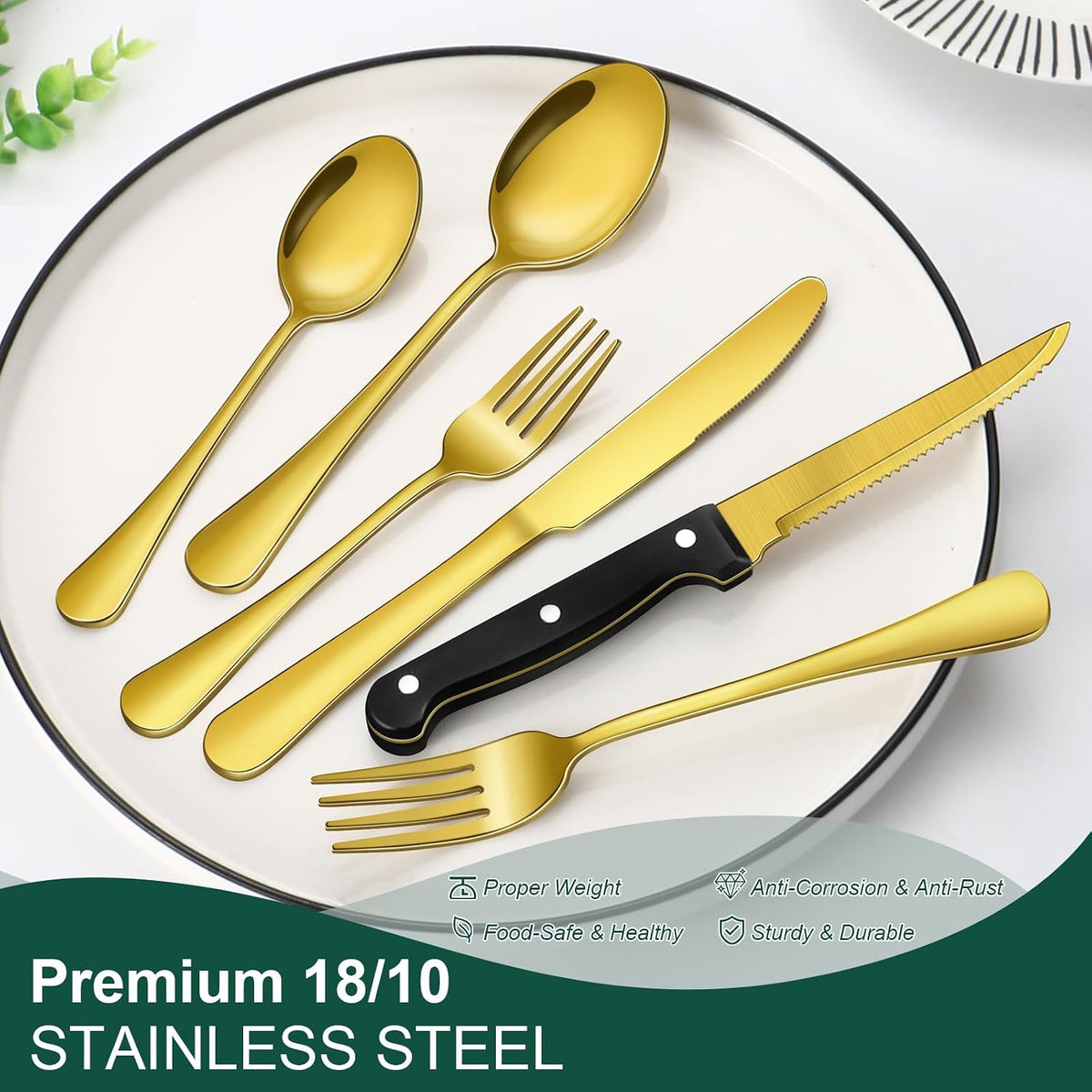 24-Piece Black Silverware Set with Steak Knives Black Stainless Steel Flatware Set for 4 Food Grade Tableware Cutlery Set Rust-proof, Mirror Polished, Dishwasher Safe