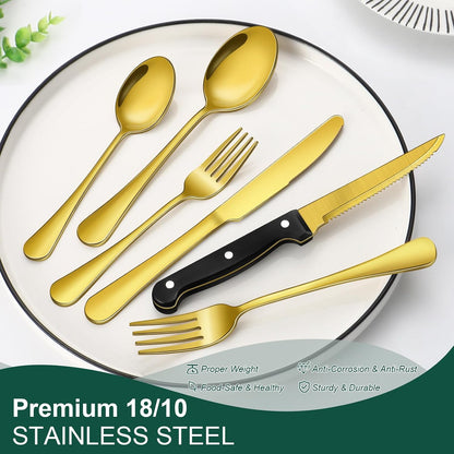 24-Piece Black Silverware Set with Steak Knives Black Stainless Steel Flatware Set for 4 Food Grade Tableware Cutlery Set Rust-proof, Mirror Polished, Dishwasher Safe