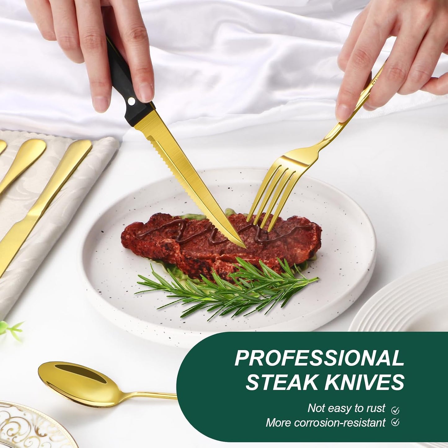 24-Piece Black Silverware Set with Steak Knives Black Stainless Steel Flatware Set for 4 Food Grade Tableware Cutlery Set Rust-proof, Mirror Polished, Dishwasher Safe
