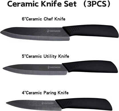 Magiware Ceramic Knives, Ceramic Knife Set with Sheaths Cover -Sharp Longer Never Rust (include 6 Inch Chef Knife, 5inch Utility Knife, and 4 Inch Paring Knife