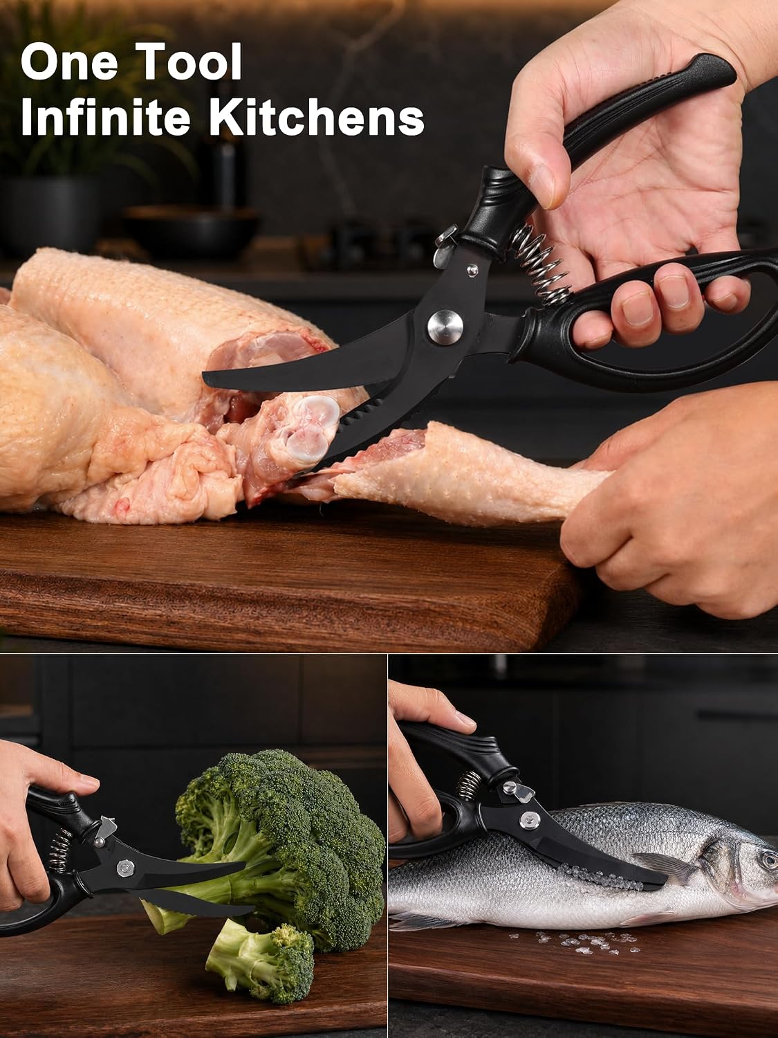 Poultry Shears, Kitchen Shears with Spring Loaded, Heavy Duty Poultry Scissors for Meat, Chicken,Turkey, Anti-Slip Handle,Safety Lock,Dishwasher Safe