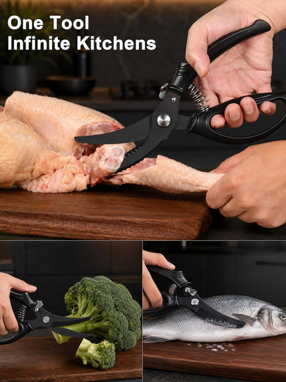 Poultry Shears, Kitchen Shears with Spring Loaded, Heavy Duty Poultry Scissors for Meat, Chicken,Turkey, Anti-Slip Handle,Safety Lock,Dishwasher Safe