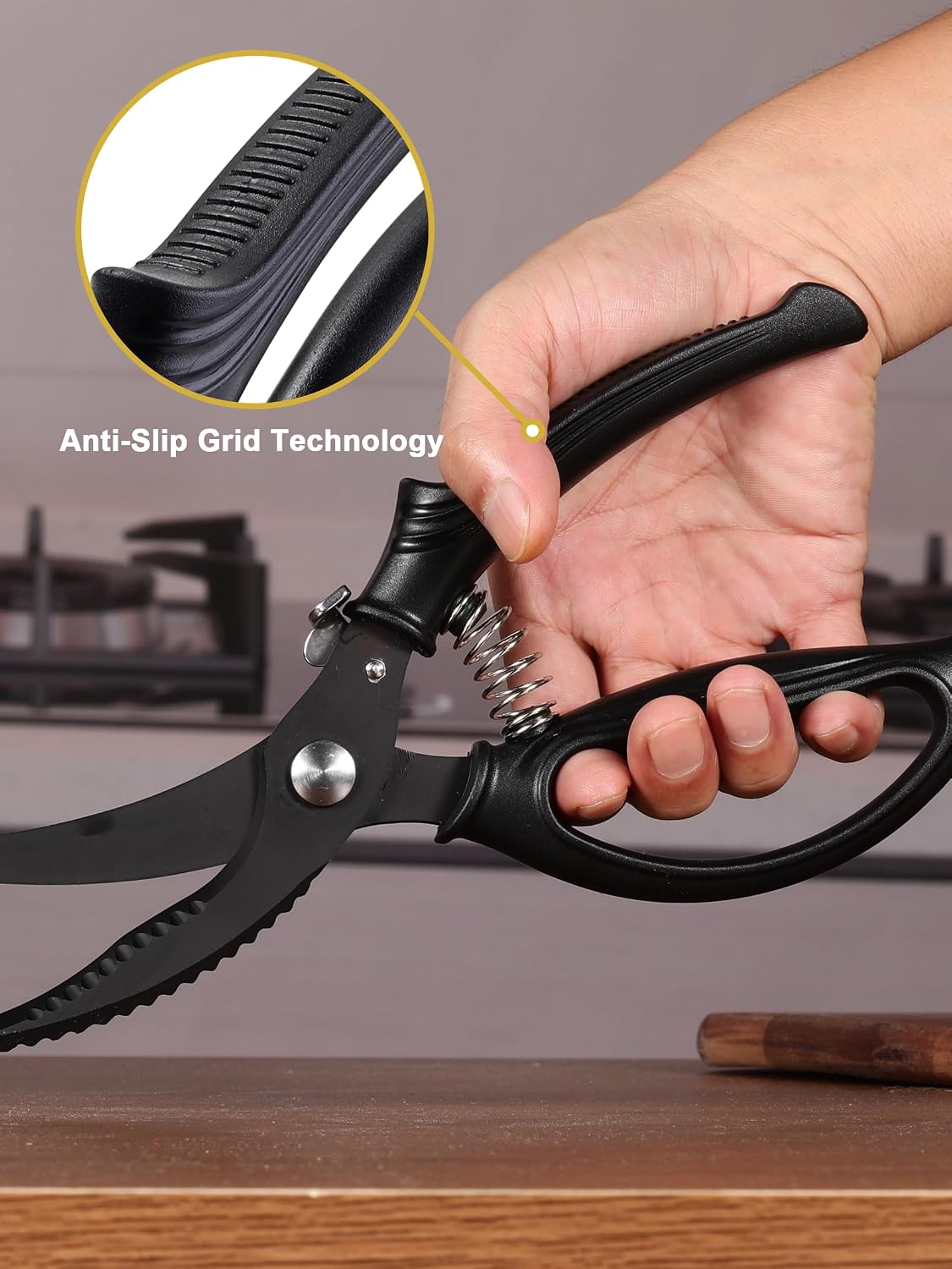 Poultry Shears, Kitchen Shears with Spring Loaded, Heavy Duty Poultry Scissors for Meat, Chicken,Turkey, Anti-Slip Handle,Safety Lock,Dishwasher Safe