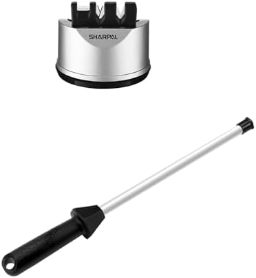 191H Pocket Kitchen Chef Knife Scissors Sharpener with 118H Professional Ceramic Sharpening Fine Honing Rod Steel with Anti-Breaking Cap Built-in Angle Guide