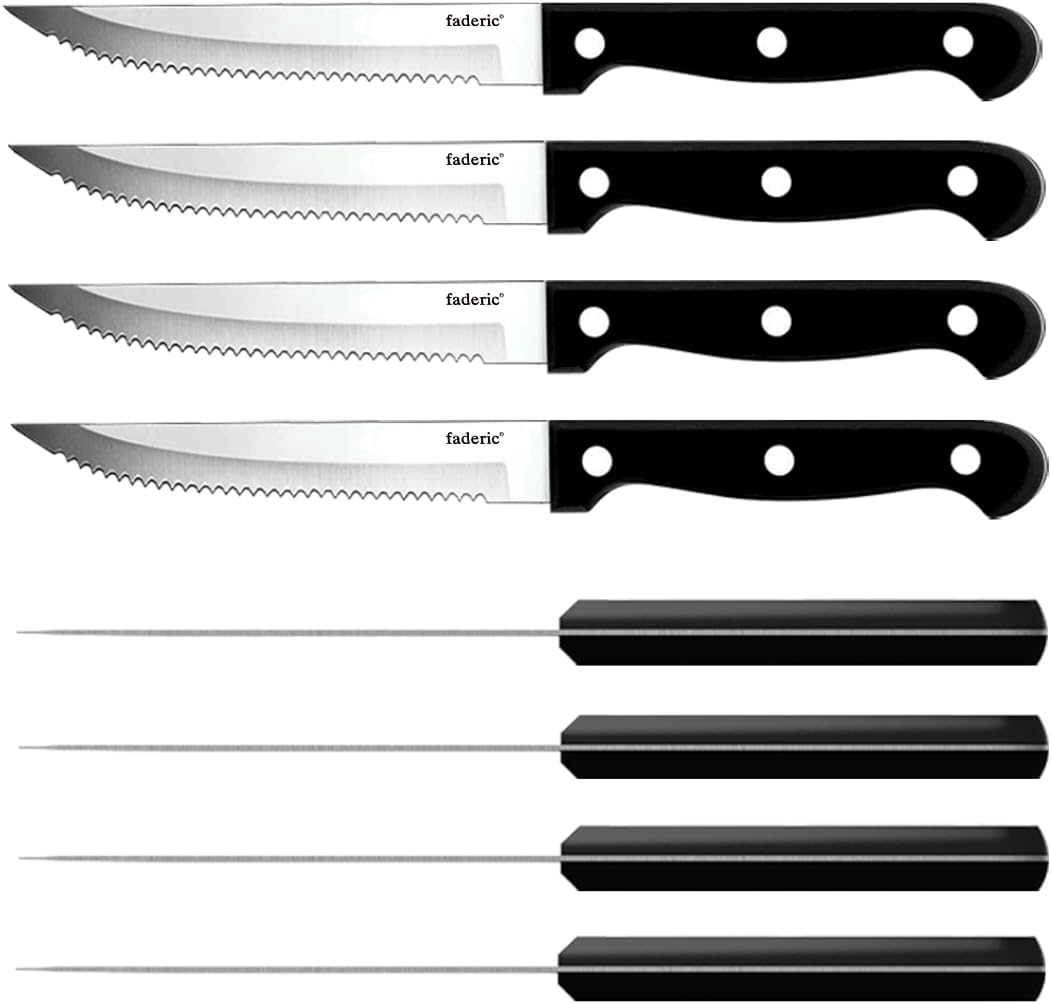 Serrated Steak Knives Set of 8, Black, 4.5 Inches | Full-Tang Triple Rivet Steak Knife Set, Stainless Steel Sharp Blade, For Kitchen Camping Restaurant,Dishwasher Safe