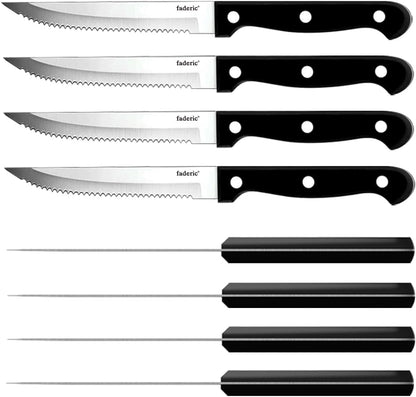 Serrated Steak Knives Set of 8, Black, 4.5 Inches | Full-Tang Triple Rivet Steak Knife Set, Stainless Steel Sharp Blade, For Kitchen Camping Restaurant,Dishwasher Safe