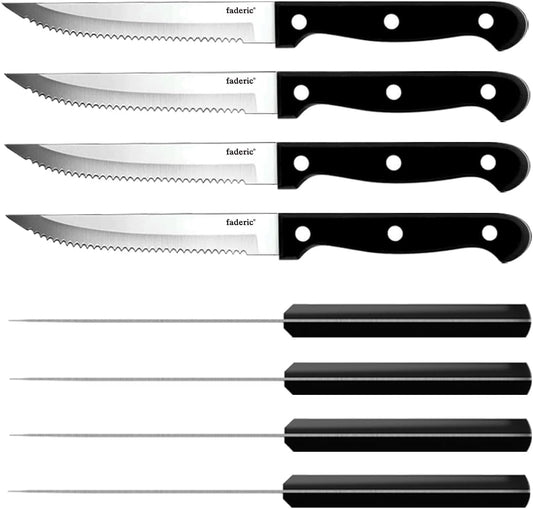 Serrated Steak Knives Set of 8, Black, 4.5 Inches | Full-Tang Triple Rivet Steak Knife Set, Stainless Steel Sharp Blade, For Kitchen Camping Restaurant,Dishwasher Safe