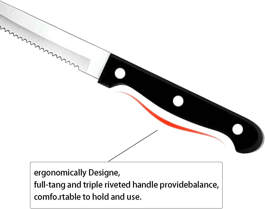 Serrated Steak Knives Set of 8, Black, 4.5 Inches | Full-Tang Triple Rivet Steak Knife Set, Stainless Steel Sharp Blade, For Kitchen Camping Restaurant,Dishwasher Safe
