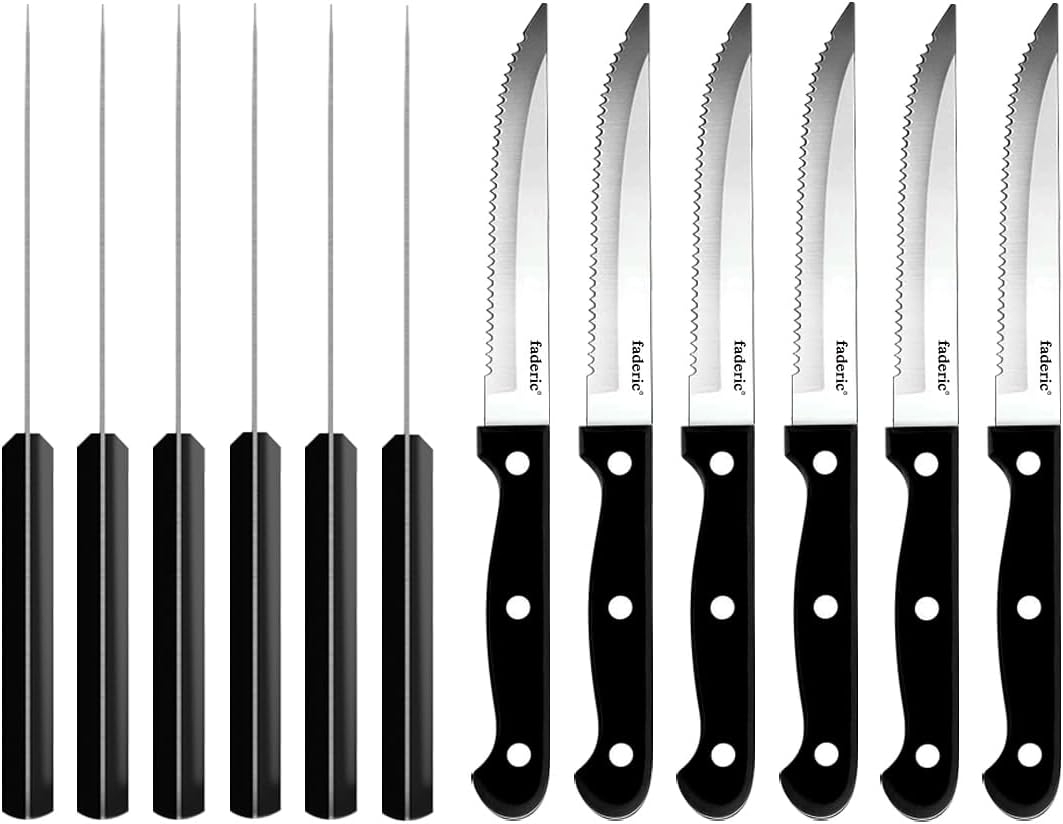 Serrated Steak Knives Set of 8, Black, 4.5 Inches | Full-Tang Triple Rivet Steak Knife Set, Stainless Steel Sharp Blade, For Kitchen Camping Restaurant,Dishwasher Safe