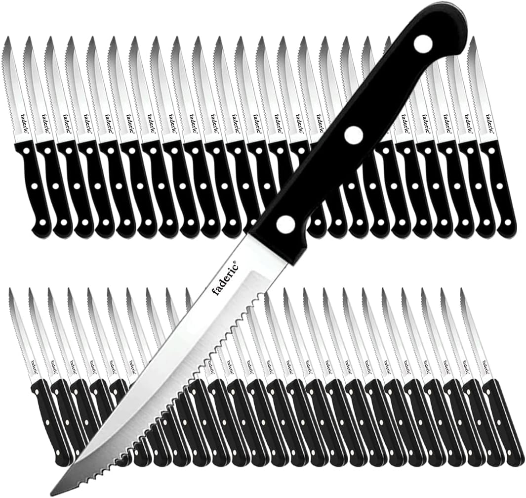 Serrated Steak Knives Set of 8, Black, 4.5 Inches | Full-Tang Triple Rivet Steak Knife Set, Stainless Steel Sharp Blade, For Kitchen Camping Restaurant,Dishwasher Safe