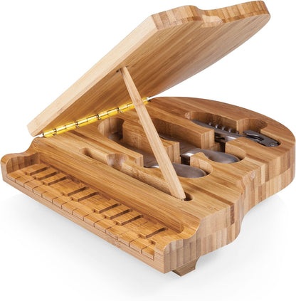 PICNIC TIME Piano Cheese Board & Knife Set, Novelty Charcuterie Board Set with Stainless Steel Tools Housed in Piano Case Under the Lid, Swivel-Open Serving Platter, and Charcuterie Set, (Parawood)