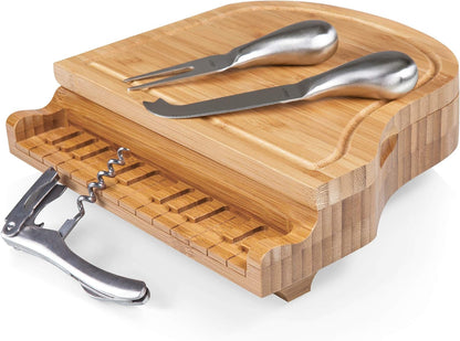 PICNIC TIME Piano Cheese Board & Knife Set, Novelty Charcuterie Board Set with Stainless Steel Tools Housed in Piano Case Under the Lid, Swivel-Open Serving Platter, and Charcuterie Set, (Parawood)