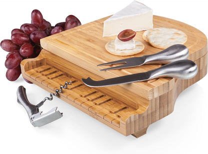 PICNIC TIME Piano Cheese Board & Knife Set, Novelty Charcuterie Board Set with Stainless Steel Tools Housed in Piano Case Under the Lid, Swivel-Open Serving Platter, and Charcuterie Set, (Parawood)