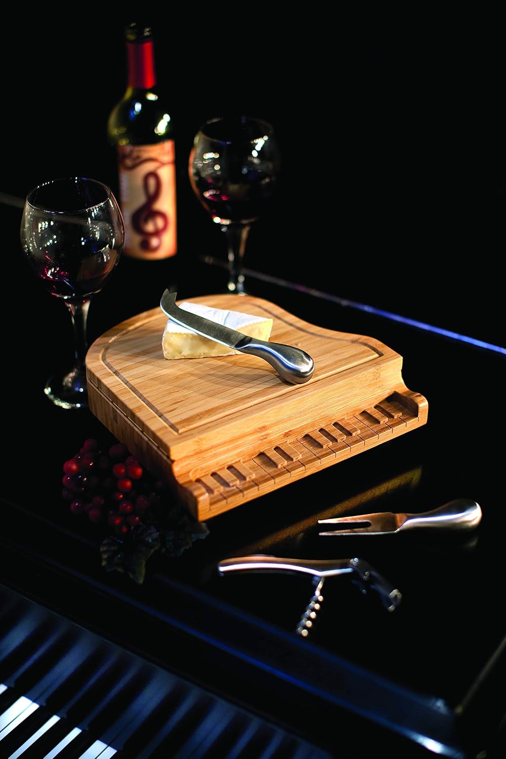 PICNIC TIME Piano Cheese Board & Knife Set, Novelty Charcuterie Board Set with Stainless Steel Tools Housed in Piano Case Under the Lid, Swivel-Open Serving Platter, and Charcuterie Set, (Parawood)