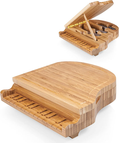 PICNIC TIME Piano Cheese Board & Knife Set, Novelty Charcuterie Board Set with Stainless Steel Tools Housed in Piano Case Under the Lid, Swivel-Open Serving Platter, and Charcuterie Set, (Parawood)