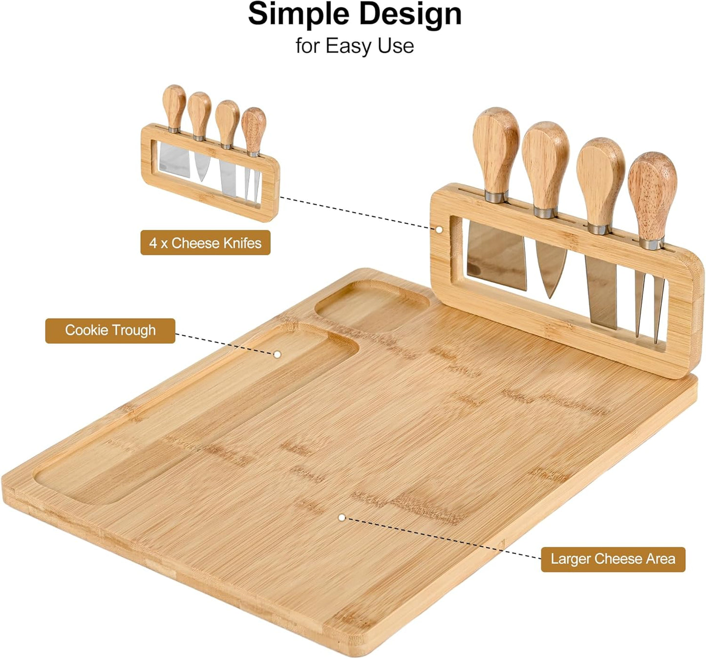 Bamboo Cheese Board and Knife Set - 14” x 11” Large Charcuterie Boards Set, Cheese Tray Platter Servers with Clasp Knife Holder, Gift for Valentines, Anniversary, Housewarming, Thanksgiving