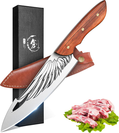 Cleaver Knife for Meat Cutting Butcher Viking Boning Knife | Hand Forged In Fire Chopping Cutter with Sheath Outdoor BBQ Camping Birthday Christmas Chef Gift Idea Men 8.4"