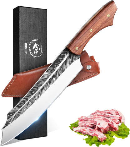 Cleaver Knife for Meat Cutting Butcher Viking Boning Knife | Hand Forged In Fire Chopping Cutter with Sheath Outdoor BBQ Camping Birthday Christmas Chef Gift Idea Men 8.4"
