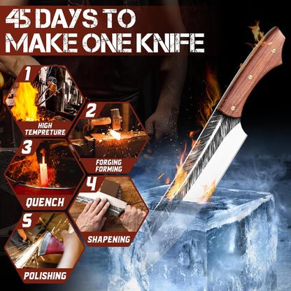 Cleaver Knife for Meat Cutting Butcher Viking Boning Knife | Hand Forged In Fire Chopping Cutter with Sheath Outdoor BBQ Camping Birthday Christmas Chef Gift Idea Men 8.4"