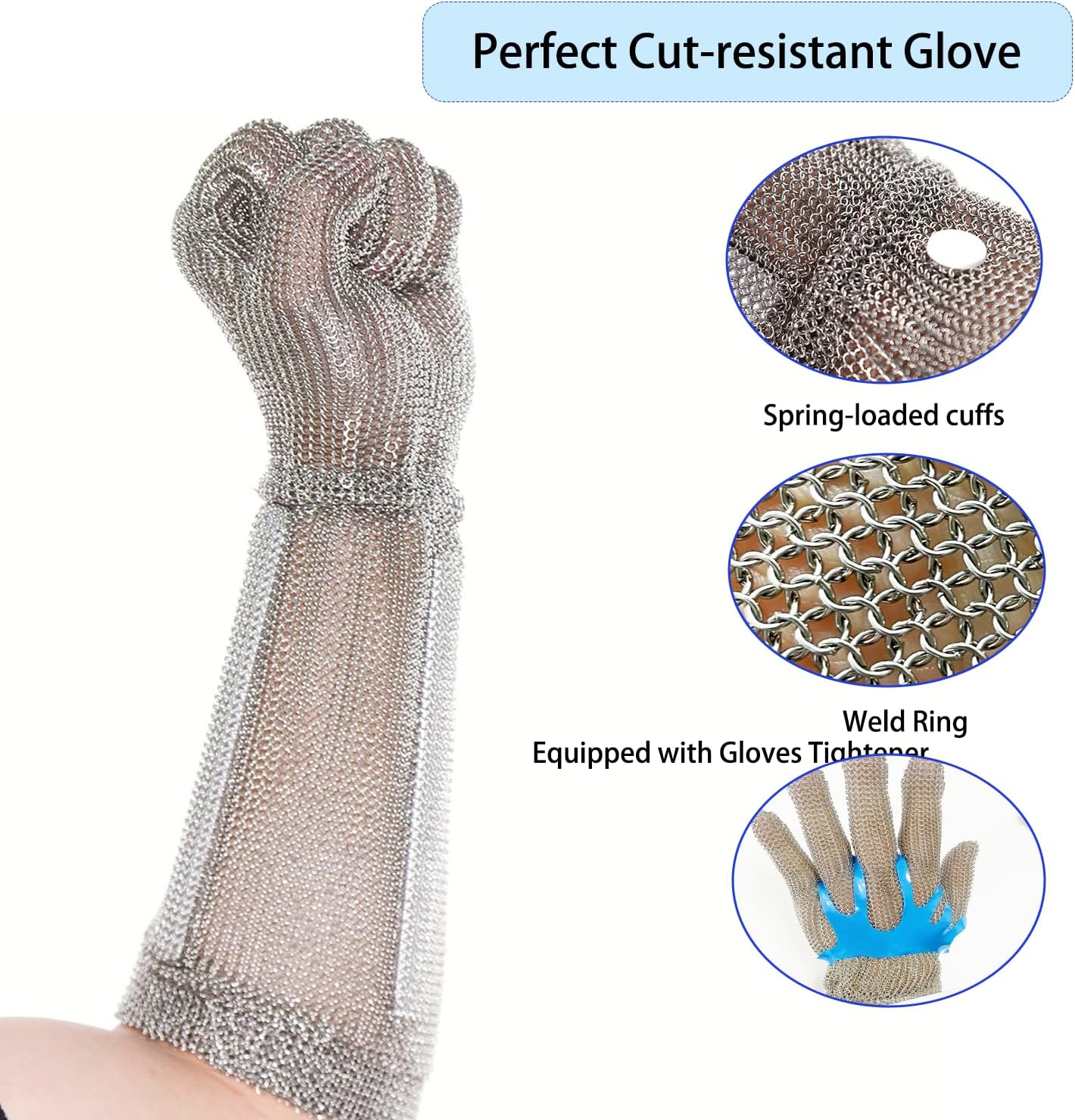 Five Finger 15CM Long Cut Resistant Stainless Steel Metal Mesh Chainmail Glove Butcher Glove With Spring Strap